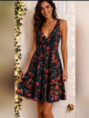 Sololafe Floral Fit & Flare Mini Dress V-Neck Boho Whimsigoth Cottagecore Large